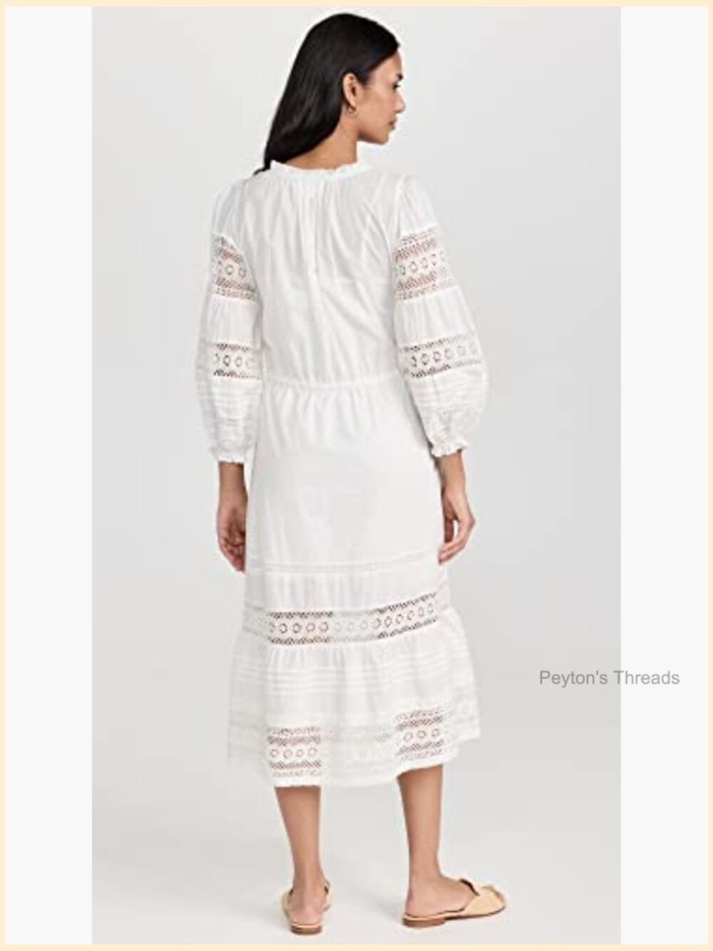 Cotton Lace V-Neck Long Sleeve Midi Dress Pull On - Picture 3 of 6